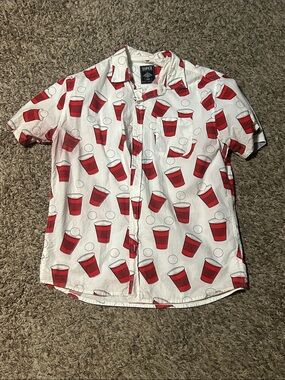 Men's Short-Sleeve Party Cup Print Shirt - White & Red